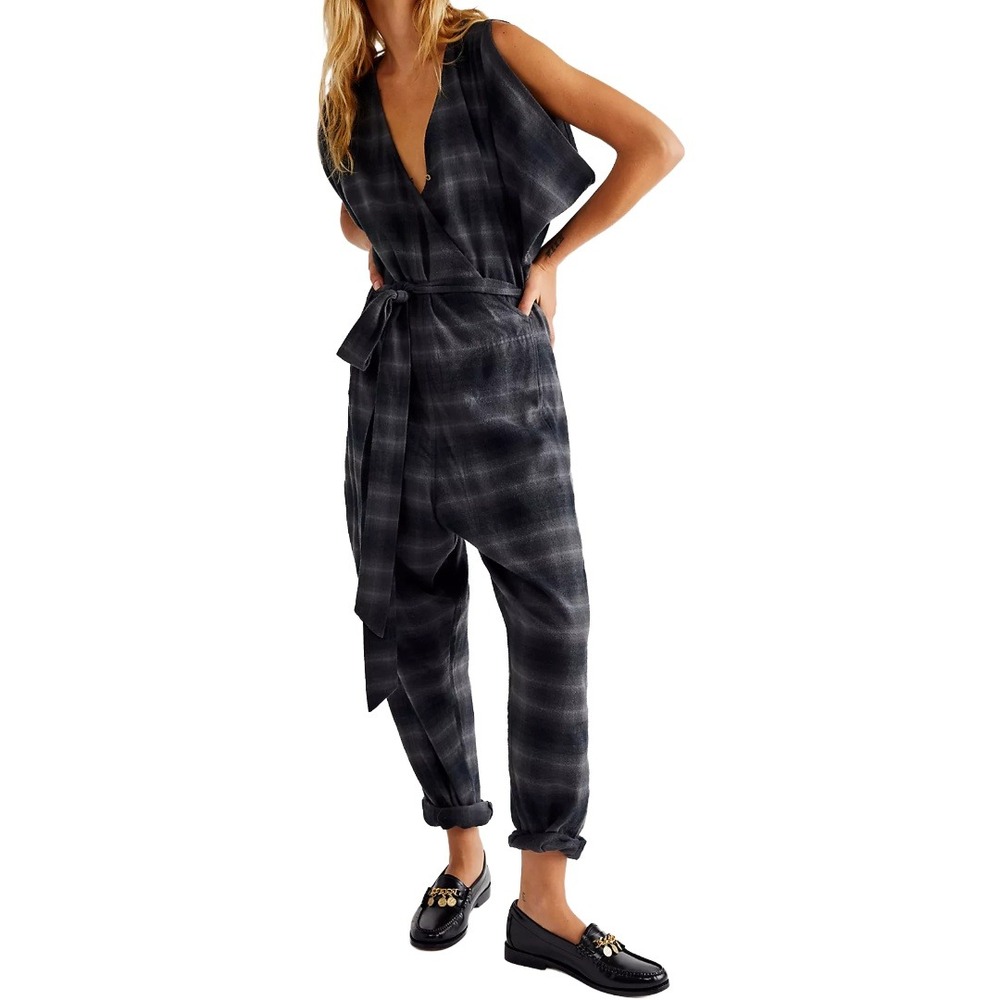 Nicholas K Free People Plaid Flannel Belted Jumpsuit Lagenlook Academia Preppy